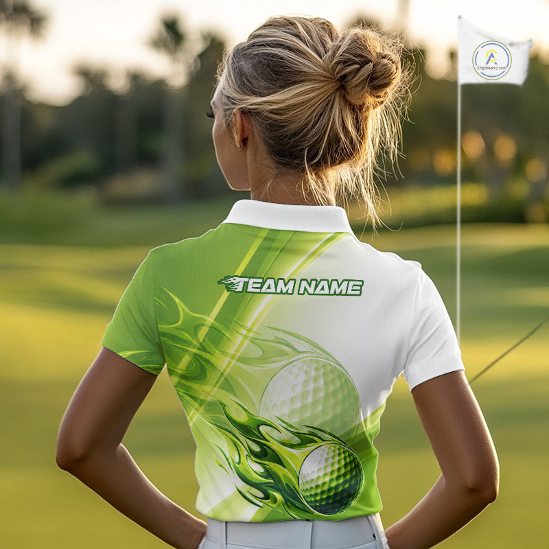 Green Flame Golf Ball Polo Shirts Custom Golf Team Shirts Golfer Outfit
