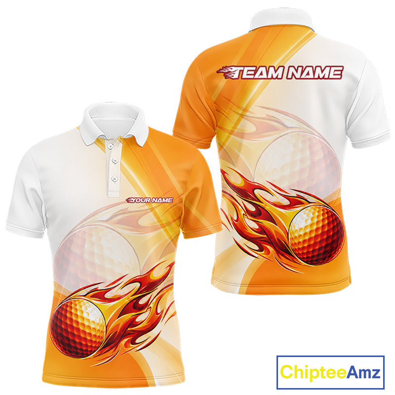 Orange Flame Golf Ball Polo Shirts Custom Golf Team Shirts Golfer Outfit