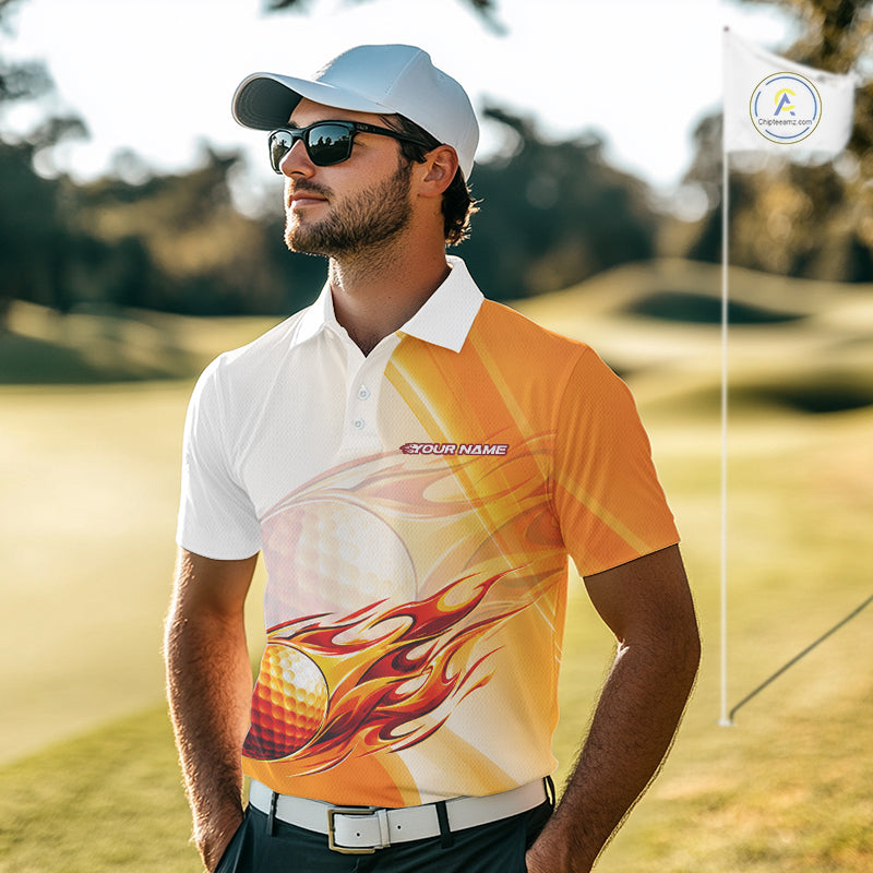 Orange Flame Golf Ball Polo Shirts Custom Golf Team Shirts Golfer Outfit