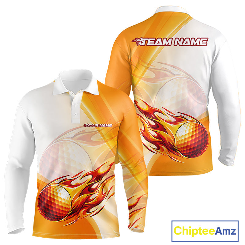 Orange Flame Golf Ball Polo Shirts Custom Golf Team Shirts Golfer Outfit
