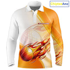 Orange Flame Golf Ball Polo Shirts Custom Golf Team Shirts Golfer Outfit