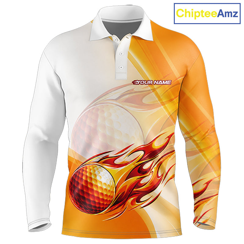 Orange Flame Golf Ball Polo Shirts Custom Golf Team Shirts Golfer Outfit
