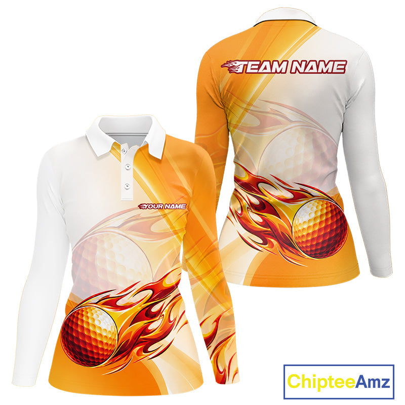 Orange Flame Golf Ball Polo Shirts Custom Golf Team Shirts Golfer Outfit