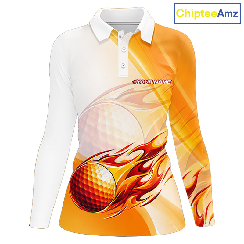 Orange Flame Golf Ball Polo Shirts Custom Golf Team Shirts Golfer Outfit