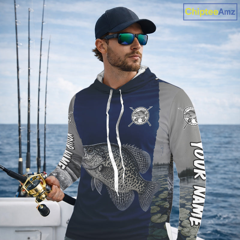 Custom Crappie Fishing Camo Long Sleeve Hooded Fishing Shirts, Crappie Tournament Fishing Shirts
