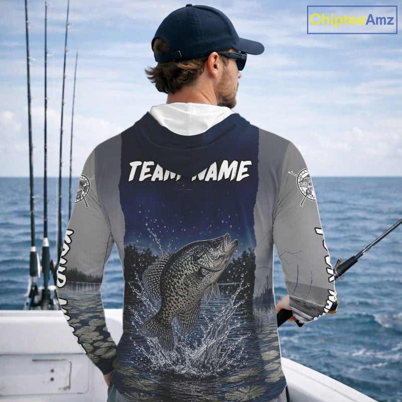 Custom Crappie Fishing Camo Long Sleeve Hooded Fishing Shirts, Crappie Tournament Fishing Shirts