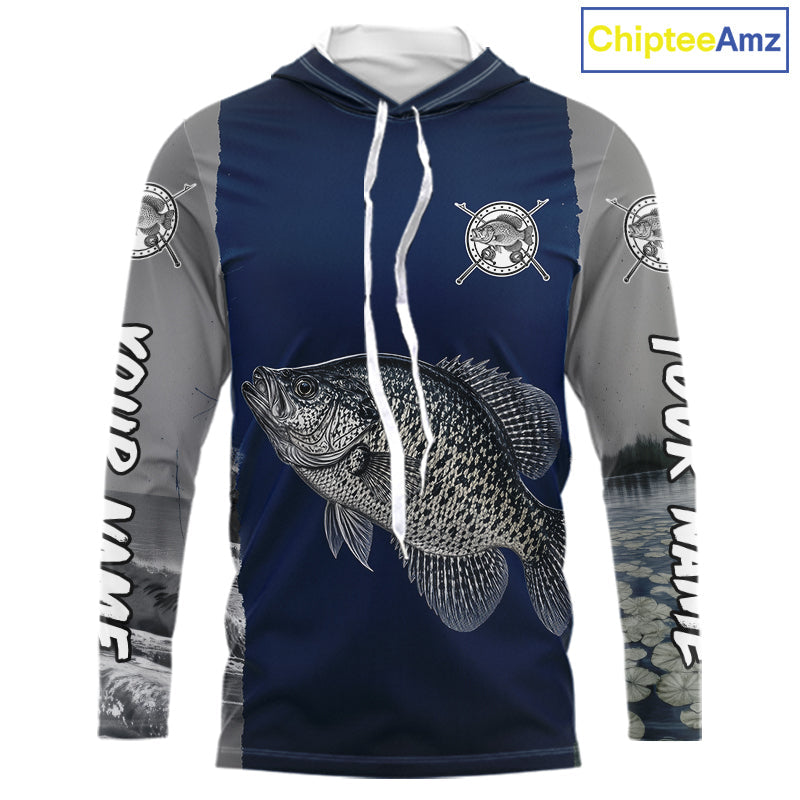 Custom Crappie Fishing Camo Long Sleeve Hooded Fishing Shirts, Crappie Tournament Fishing Shirts