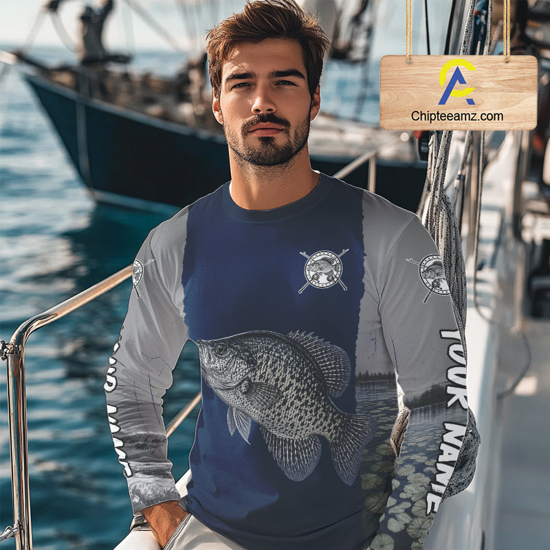 Custom Crappie Fishing Camo Long Sleeve Fishing Shirts, Crappie Tournament Fishing Shirts