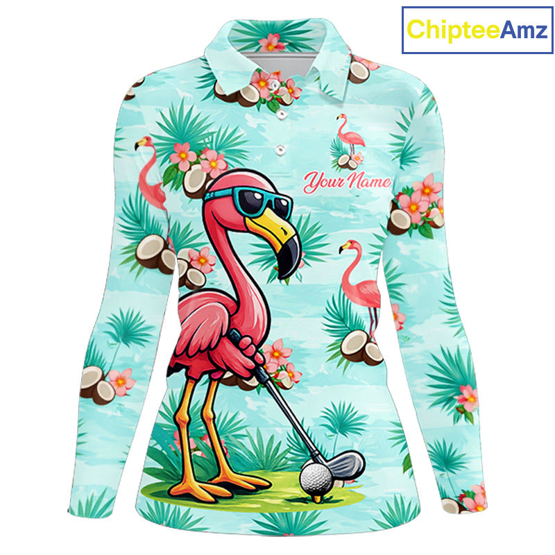 Funny Golf Polo Shirts Custom Name Pink Flamingo Pattern, Tropical Golf Shirt