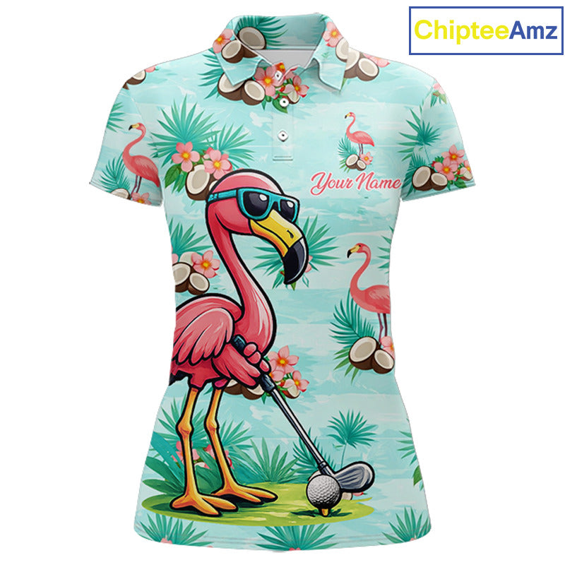 Funny Golf Polo Shirts Custom Name Pink Flamingo Pattern, Tropical Golf Shirt