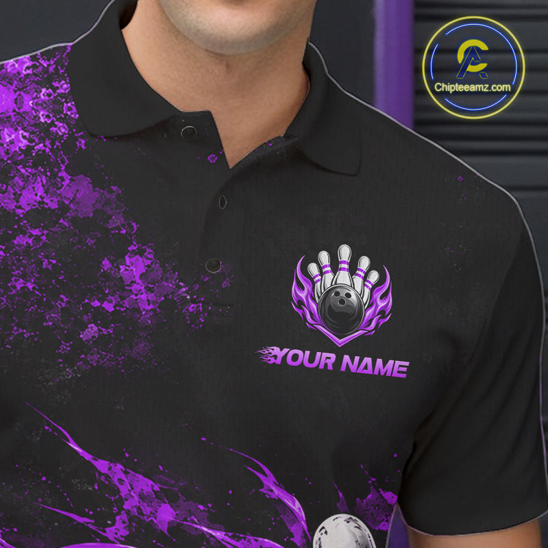 Black And Purple Custom Flame Bowling Shirts, Fire Bowling Team Shirt