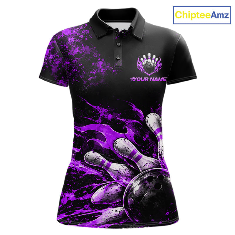 Black And Purple Custom Flame Bowling Shirts, Fire Bowling Team Shirt