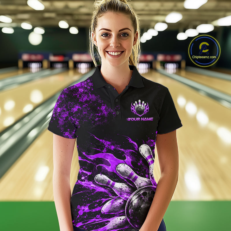 Black And Purple Custom Flame Bowling Shirts, Fire Bowling Team Shirt