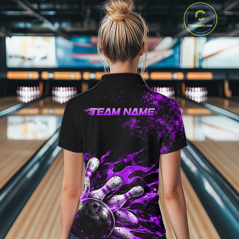 Black And Purple Custom Flame Bowling Shirts, Fire Bowling Team Shirt