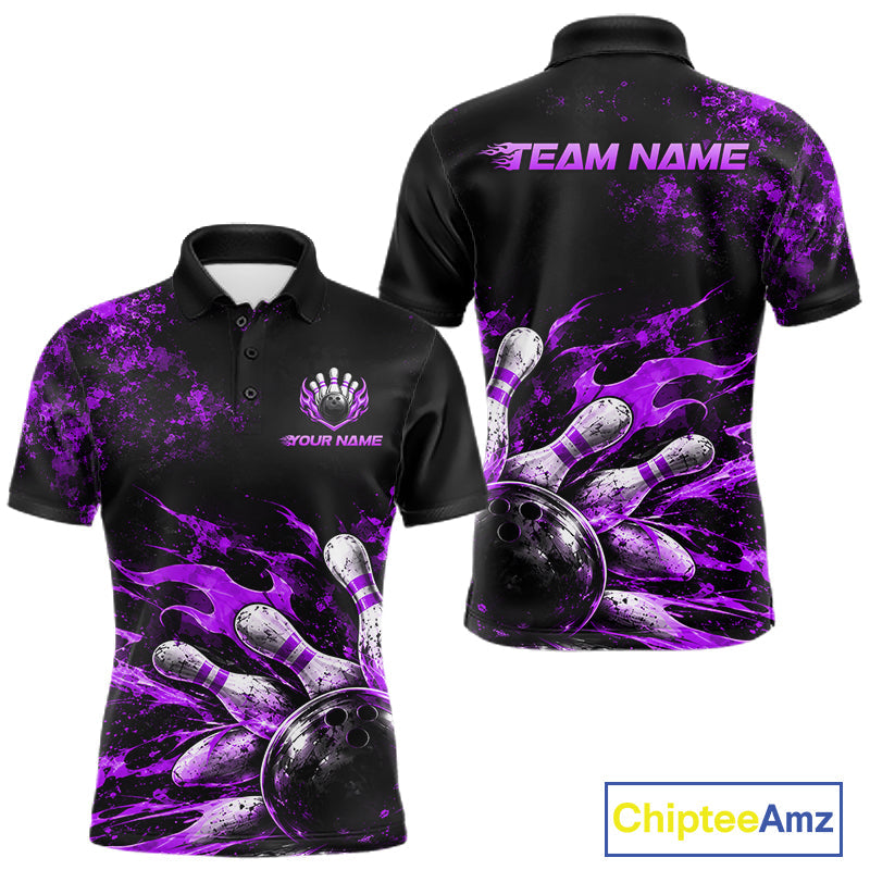 Black And Purple Custom Flame Bowling Shirts, Fire Bowling Team Shirt