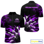 Black And Purple Custom Flame Bowling Shirts, Fire Bowling Team Shirt