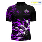 Black And Purple Custom Flame Bowling Shirts, Fire Bowling Team Shirt