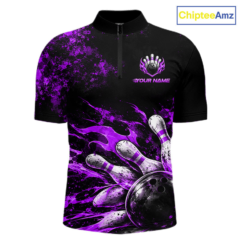 Black And Purple Custom Flame Bowling Shirts, Fire Bowling Team Shirt