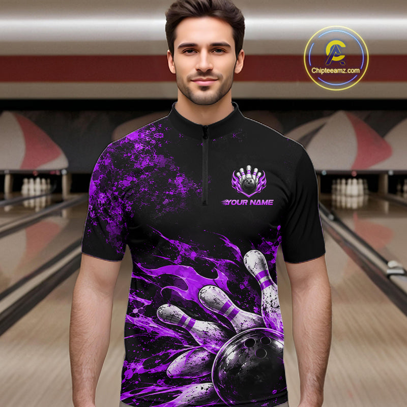 Black And Purple Custom Flame Bowling Shirts, Fire Bowling Team Shirt