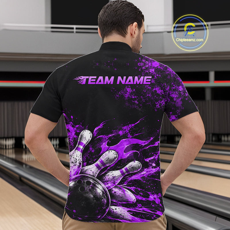 Black And Purple Custom Flame Bowling Shirts, Fire Bowling Team Shirt