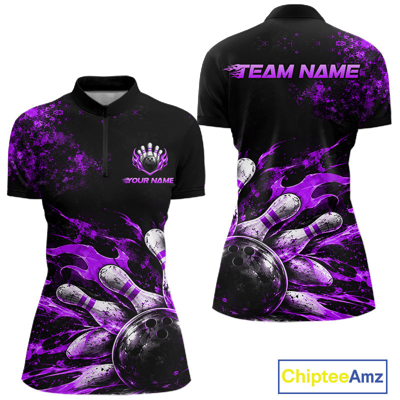 Black And Purple Custom Flame Bowling Shirts, Fire Bowling Team Shirt