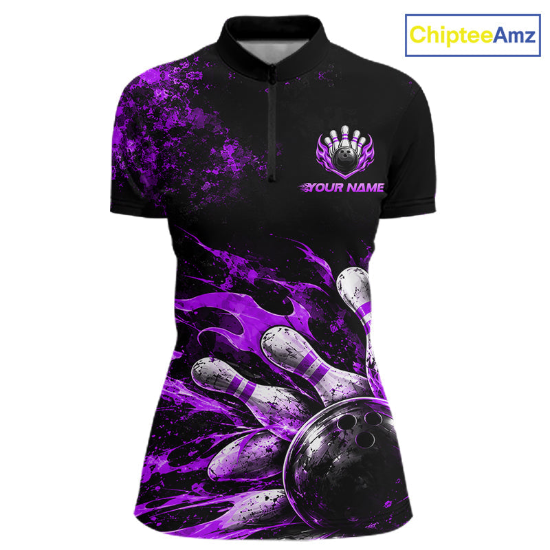 Black And Purple Custom Flame Bowling Shirts, Fire Bowling Team Shirt