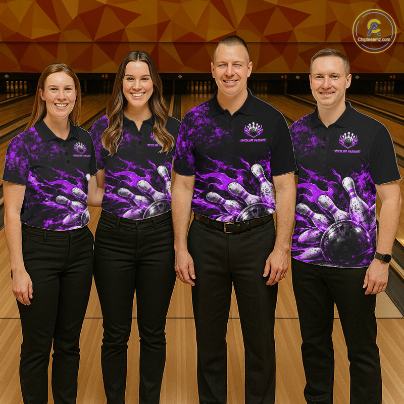 Black And Purple Custom Flame Bowling Shirts, Fire Bowling Team Shirt