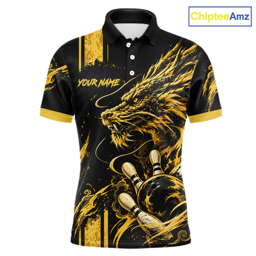 Personalized Black And Yellow Dragon Bowling Shirts, Dragon Bowling Team Shirts