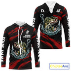Red And Black Bass Fishing Custom Name Long Sleeve Hooded Performance Bass Fishing Shirts