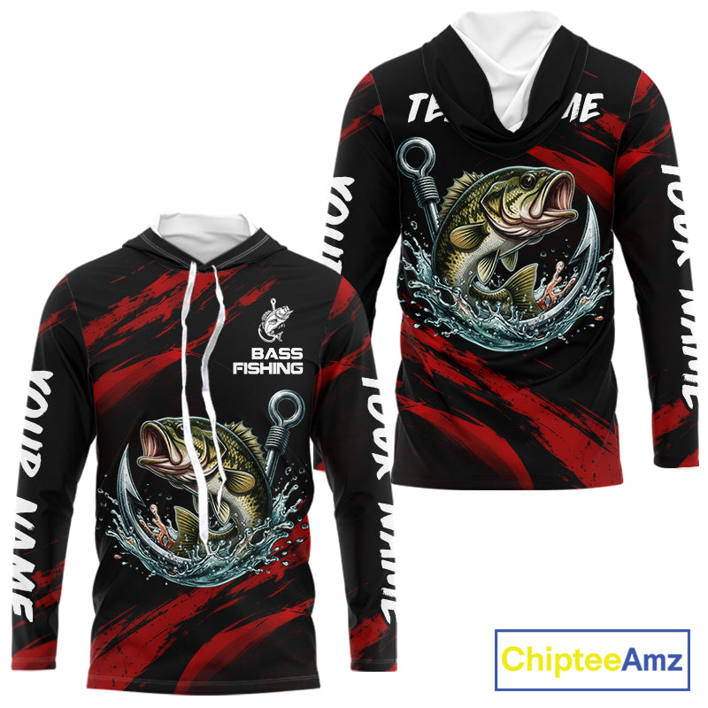 Red And Black Bass Fishing Custom Name Long Sleeve Hooded Performance Bass Fishing Shirts