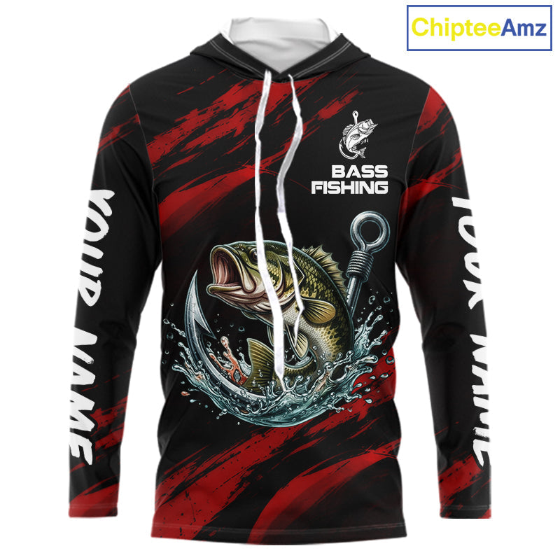 Red And Black Bass Fishing Custom Name Long Sleeve Hooded Performance Bass Fishing Shirts