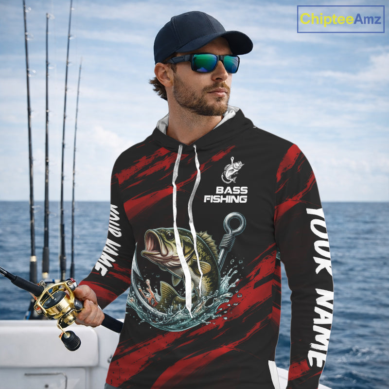 Red And Black Bass Fishing Custom Name Long Sleeve Hooded Performance Bass Fishing Shirts