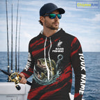 Red And Black Bass Fishing Custom Name Long Sleeve Hooded Performance Bass Fishing Shirts