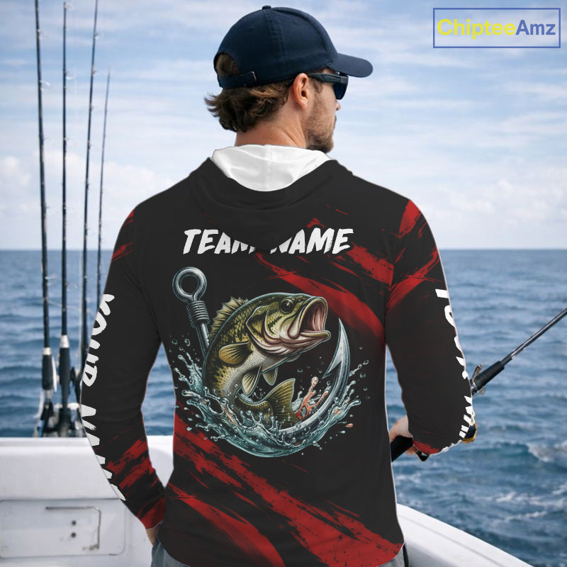Red And Black Bass Fishing Custom Name Long Sleeve Hooded Performance Bass Fishing Shirts