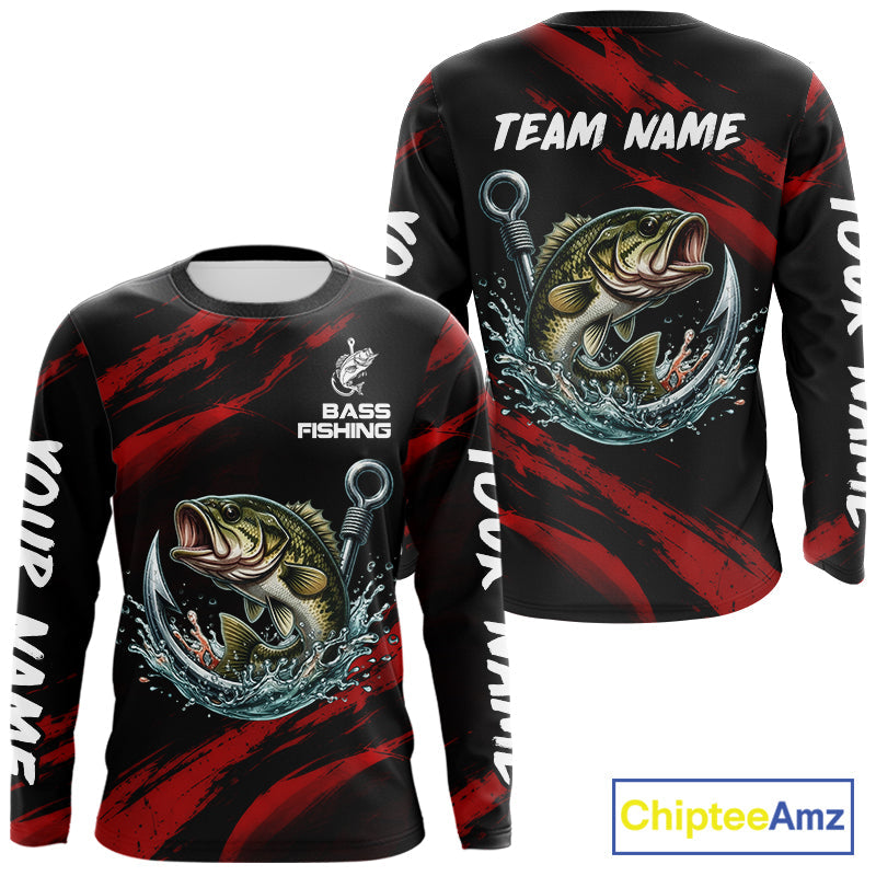 Red And Black Bass Fishing Custom Name Long Sleeve Performance Bass Fishing Shirts
