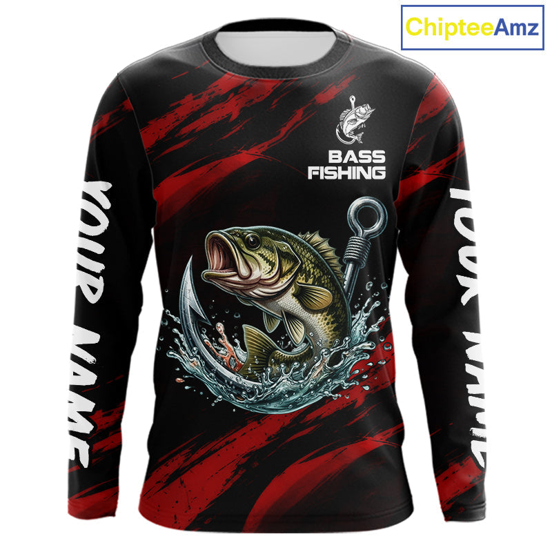 Red And Black Bass Fishing Custom Name Long Sleeve Performance Bass Fishing Shirts