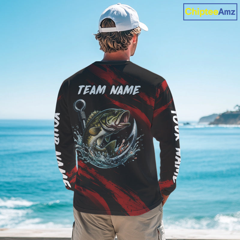Red And Black Bass Fishing Custom Name Long Sleeve Performance Bass Fishing Shirts
