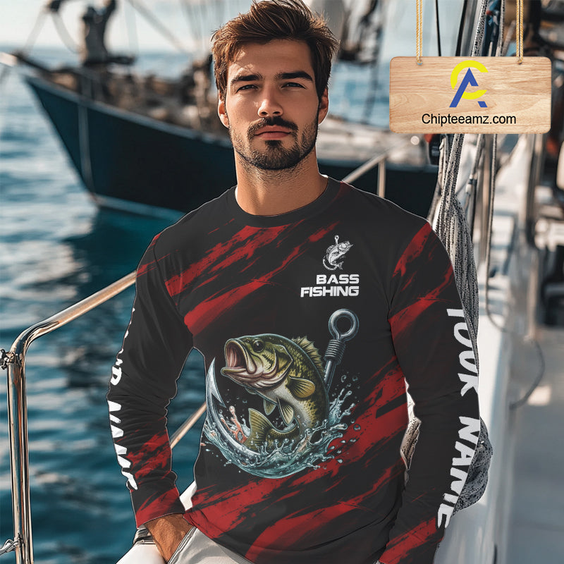Red And Black Bass Fishing Custom Name Long Sleeve Performance Bass Fishing Shirts