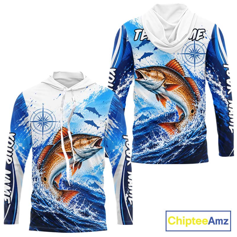 Personalized Redfish Blue Long Sleeve Hooded Performance Fishing Shirts, Redfish Tournament Shirt