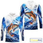 Personalized Redfish Blue Long Sleeve Hooded Performance Fishing Shirts, Redfish Tournament Shirt