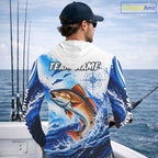 Personalized Redfish Blue Long Sleeve Hooded Performance Fishing Shirts, Redfish Tournament Shirt
