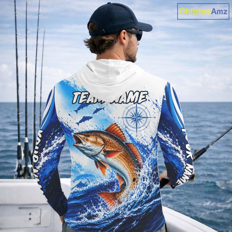 Personalized Redfish Blue Long Sleeve Hooded Performance Fishing Shirts, Redfish Tournament Shirt