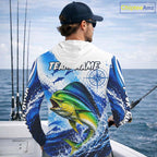 Personalized Mahi Mahi Blue Long Sleeve Hooded Performance Fishing Shirts, Mahi Mahi Tournament Shirt