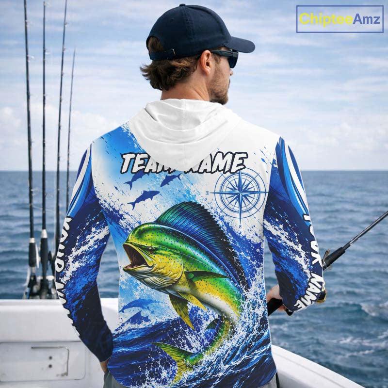 Personalized Mahi Mahi Blue Long Sleeve Hooded Performance Fishing Shirts, Mahi Mahi Tournament Shirt