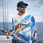 Personalized Redfish Blue Long Sleeve Hooded Performance Fishing Shirts, Redfish Tournament Shirt