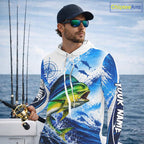 Personalized Mahi Mahi Blue Long Sleeve Hooded Performance Fishing Shirts, Mahi Mahi Tournament Shirt