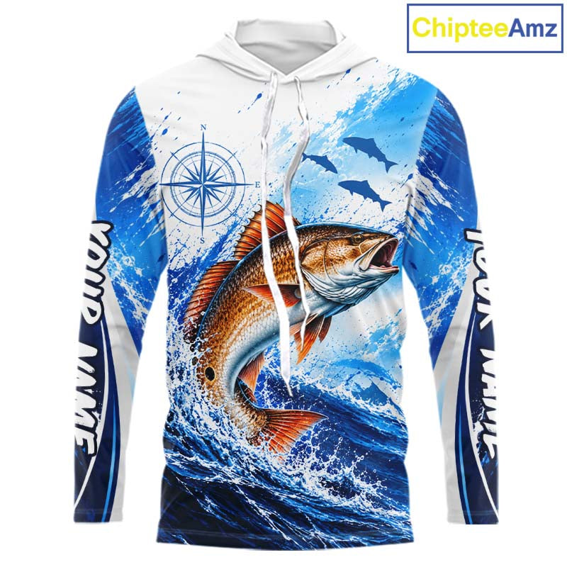 Personalized Redfish Blue Long Sleeve Hooded Performance Fishing Shirts, Redfish Tournament Shirt