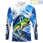 Personalized Mahi Mahi Blue Long Sleeve Hooded Performance Fishing Shirts, Mahi Mahi Tournament Shirt