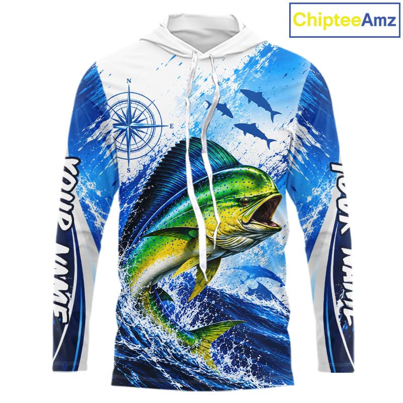 Personalized Mahi Mahi Blue Long Sleeve Hooded Performance Fishing Shirts, Mahi Mahi Tournament Shirt
