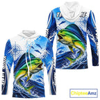 Personalized Mahi Mahi Blue Long Sleeve Hooded Performance Fishing Shirts, Mahi Mahi Tournament Shirt